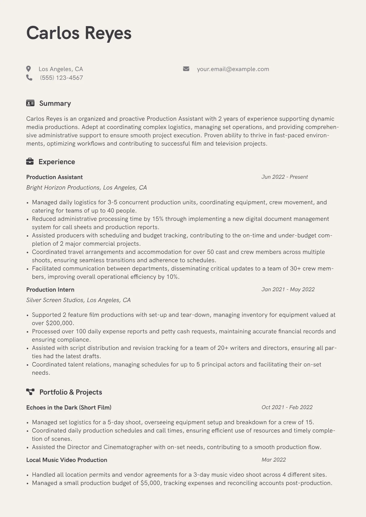 Production Assistant Resume Example CV template - Page 1