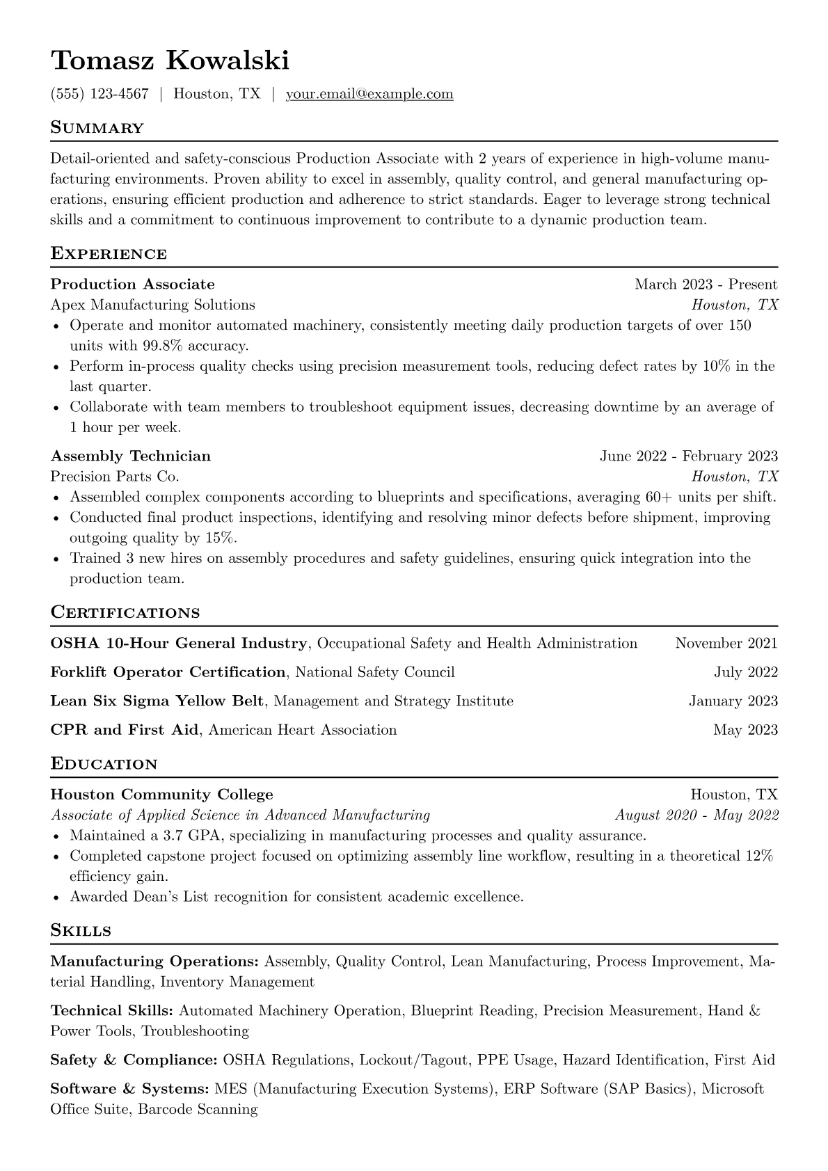 Production Associate Resume Example CV template - Page 1