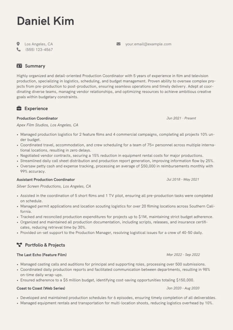 Production Coordinator Film Resume Example CV template preview