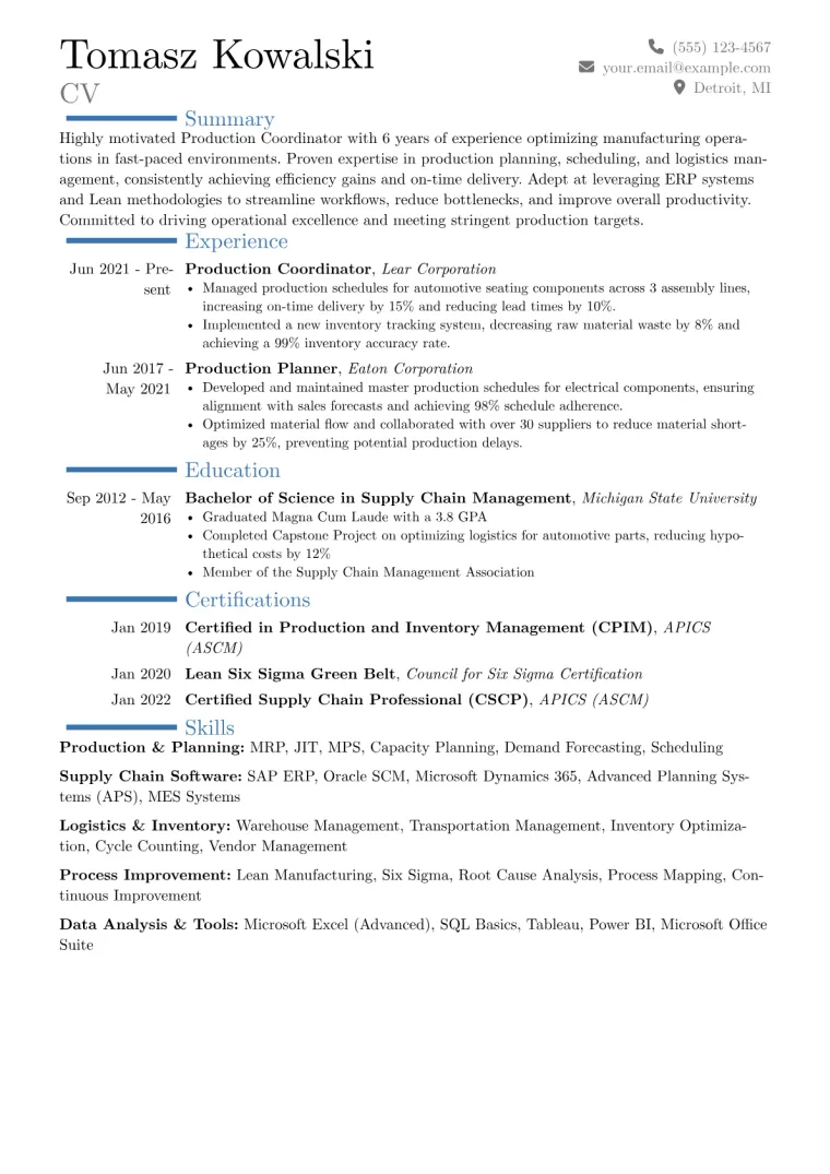 Production Coordinator Resume Example CV template preview