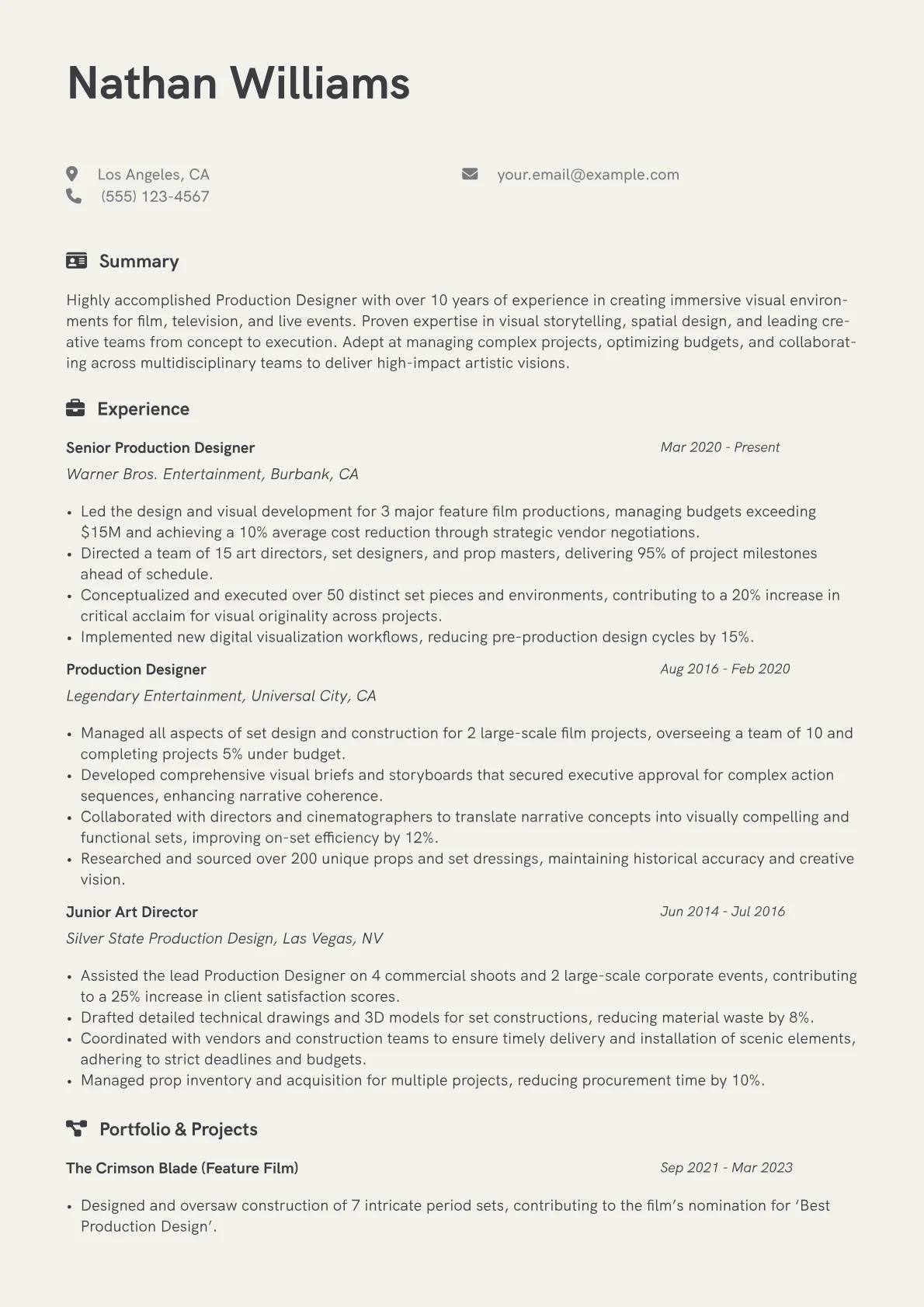 Production Designer Resume Example CV template - Page 1