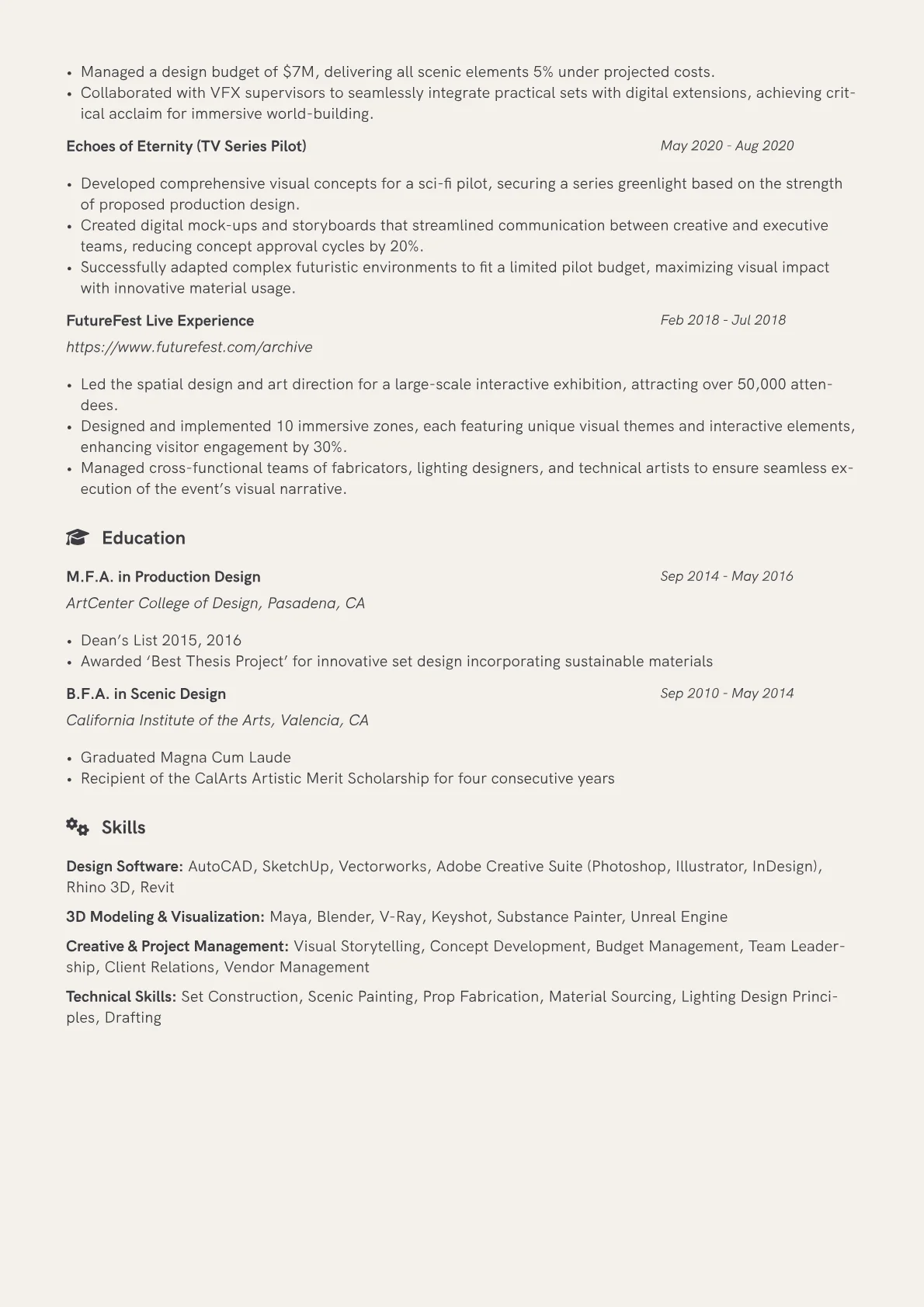 Production Designer Resume Example CV template - Page 2