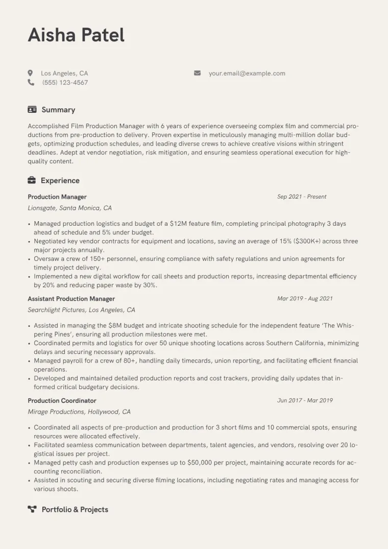 Film Production Manager Resume Example CV template preview