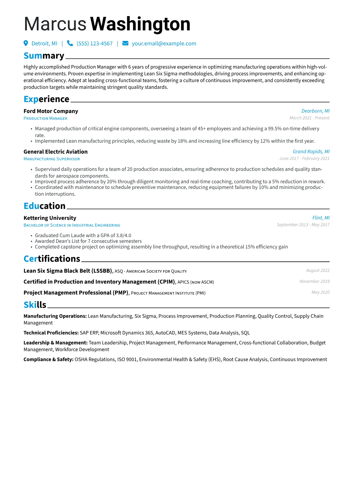 Production Manager Resume Example CV template - Page 1