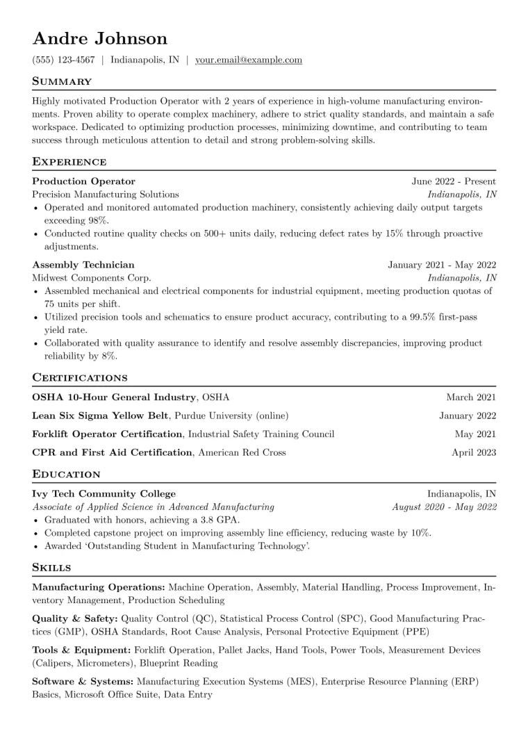 Production Operator Resume Example CV template preview