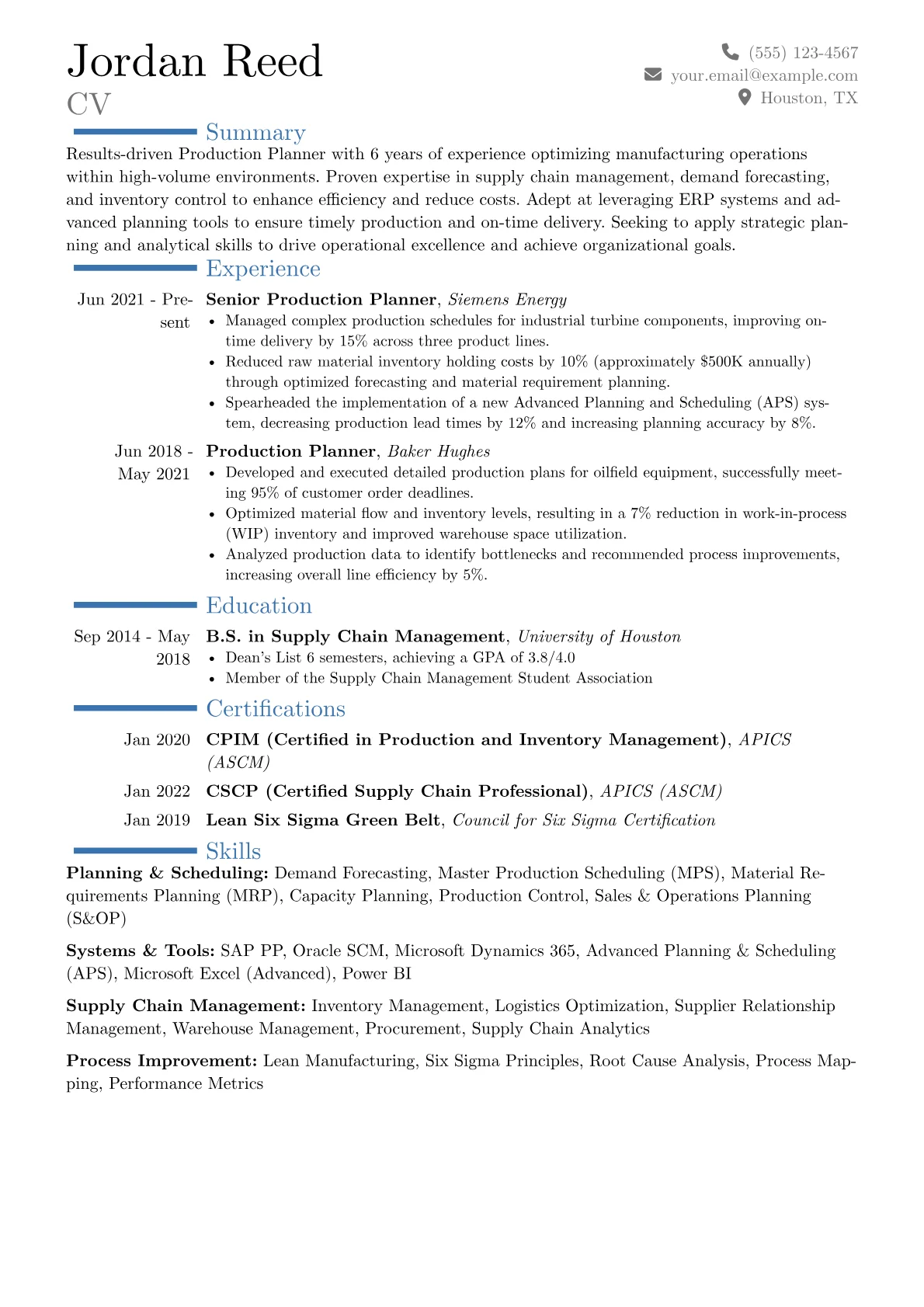 Production Planner Resume Example CV template - Page 1