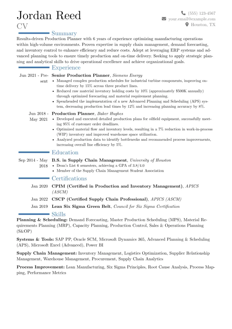 Production Planner Resume Example CV template preview