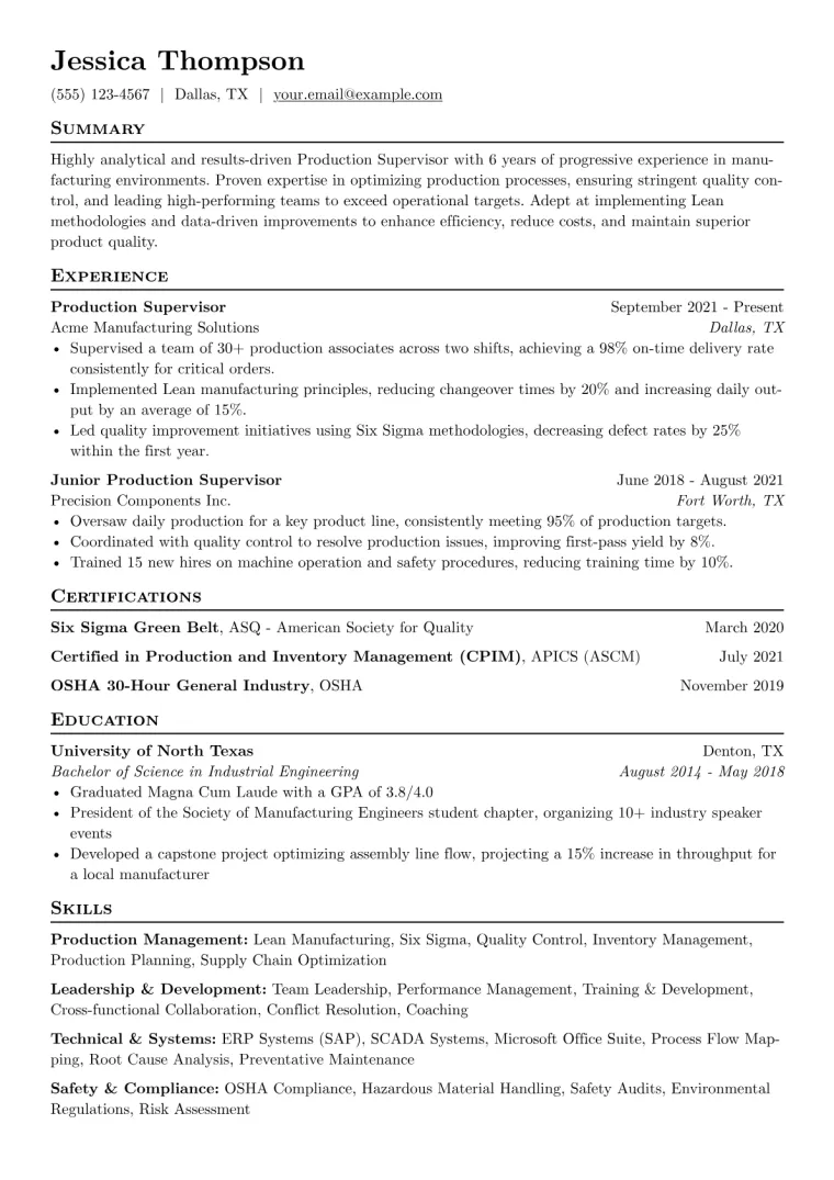 Production Supervisor Resume Example CV template preview
