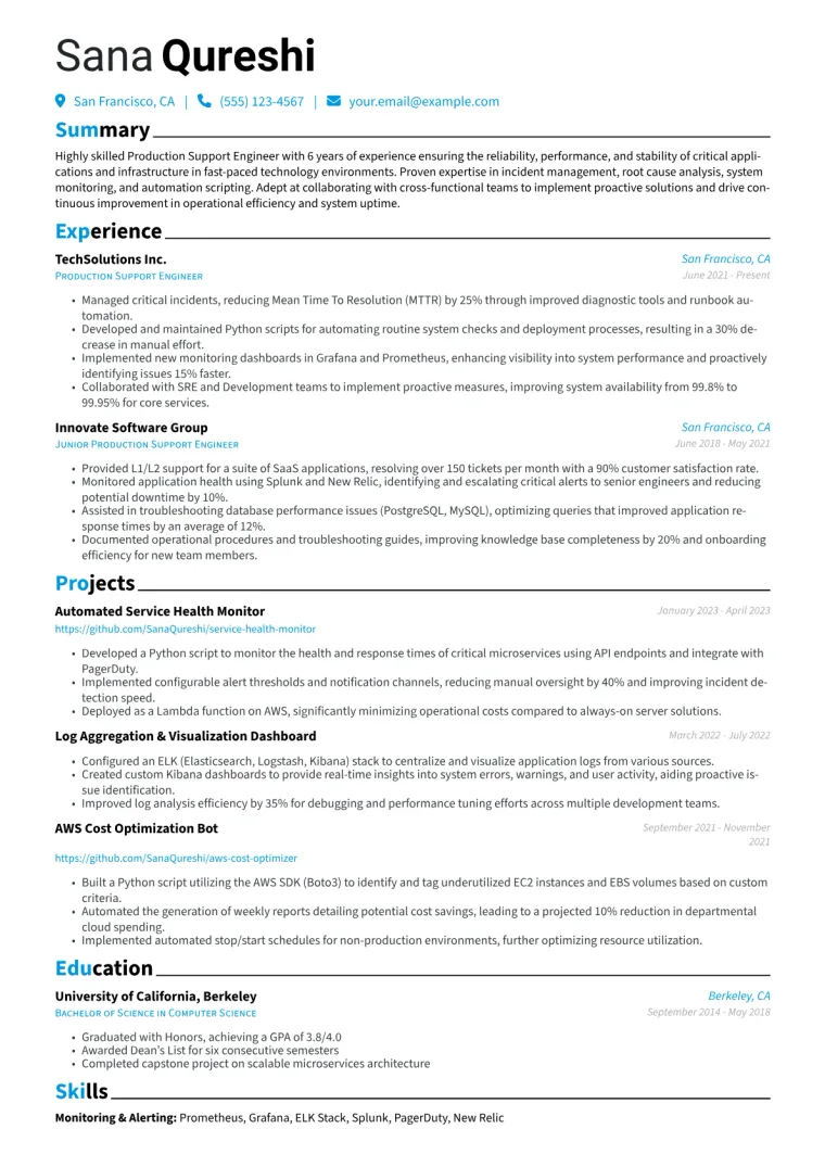 Production Support Engineer Resume Example CV template preview