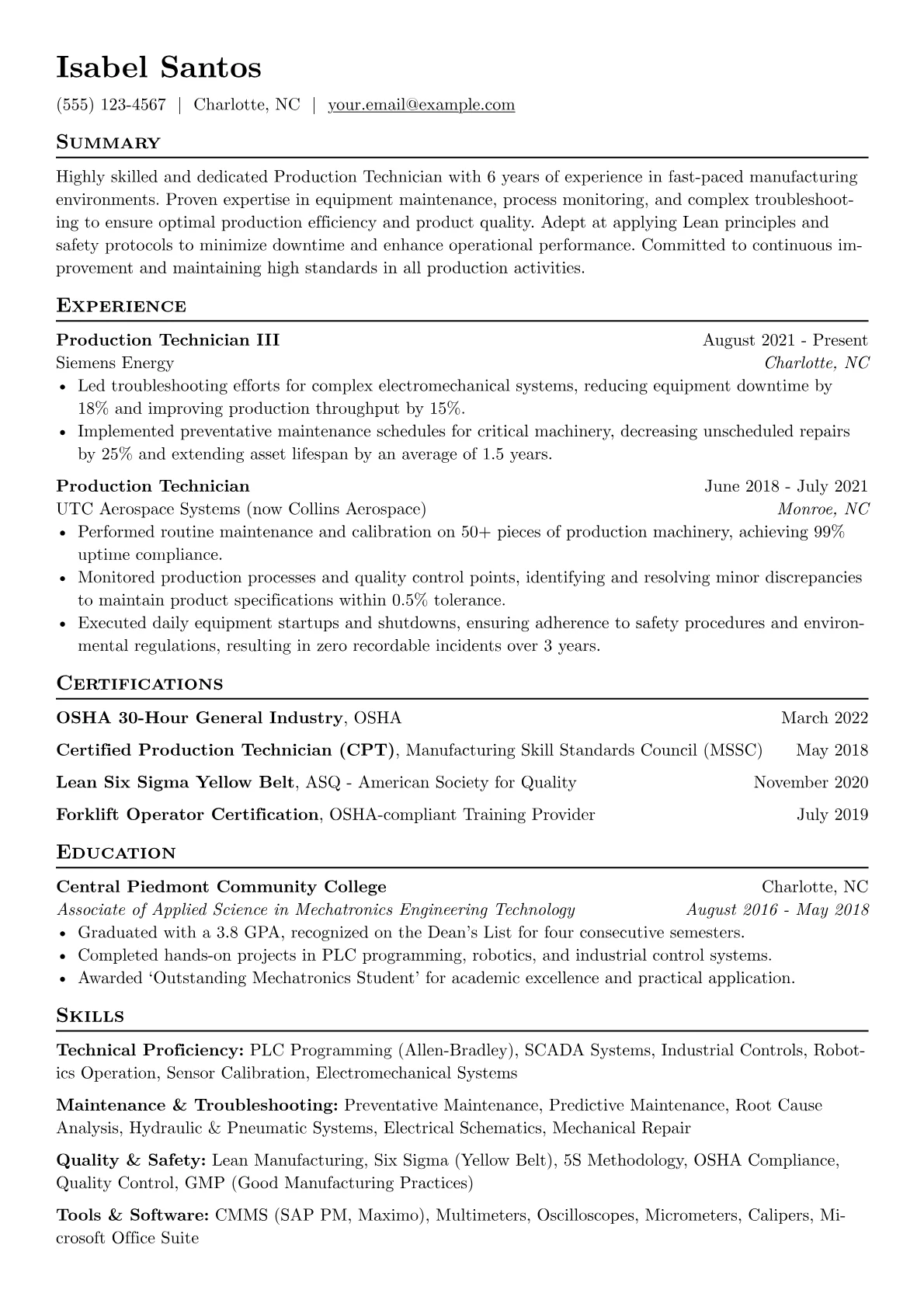 Production Technician Resume Example CV template - Page 1