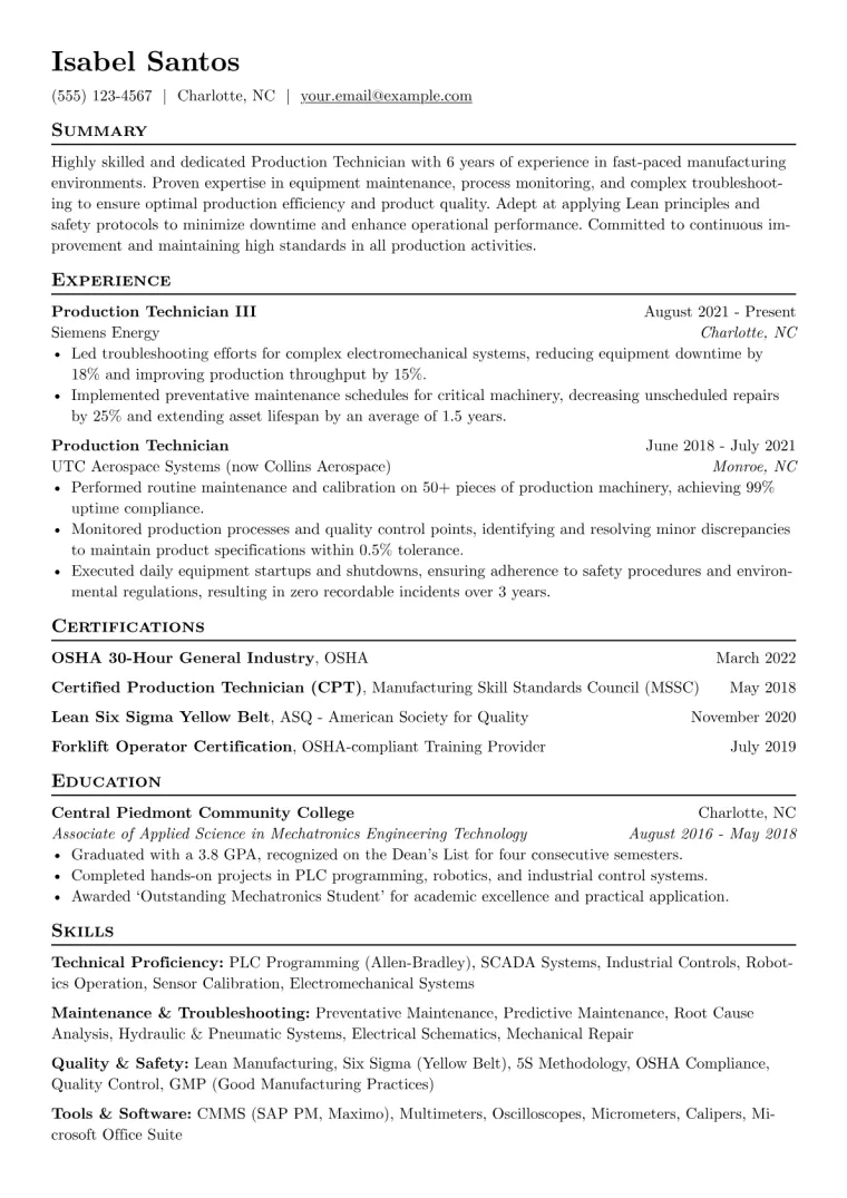 Production Technician Resume Example CV template preview