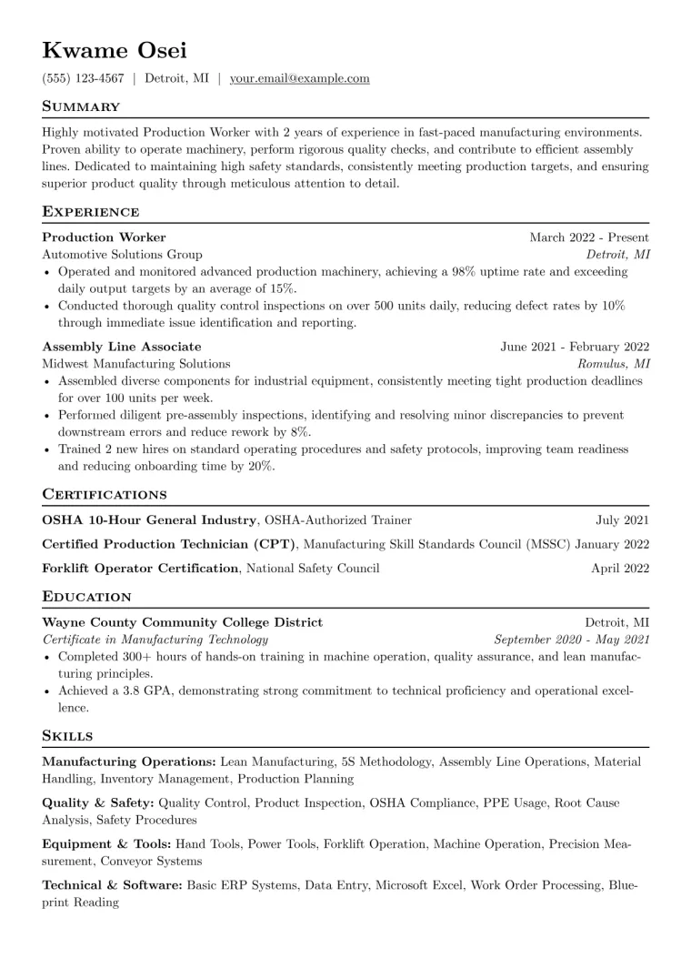 Production Worker Resume Example CV template preview