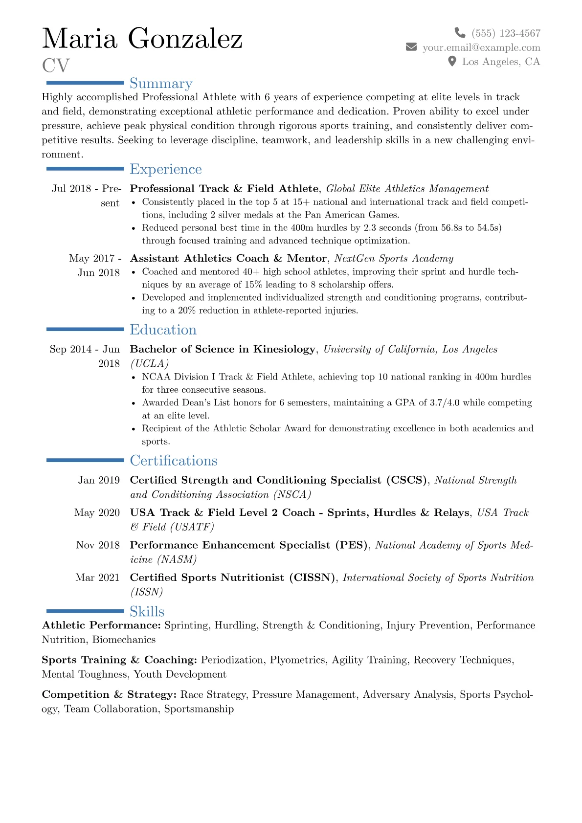 Professional Athlete Resume Example CV template - Page 1
