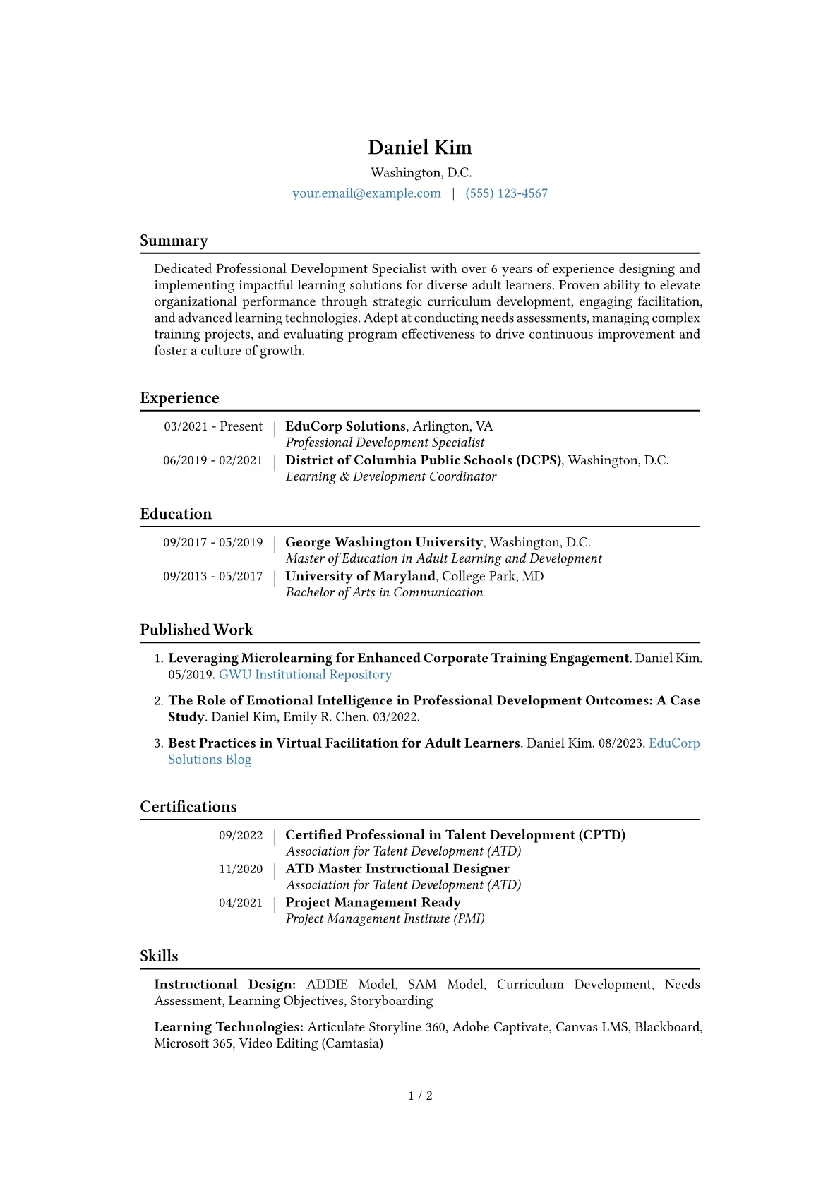 Professional Development Specialist Resume Example CV template - Page 1