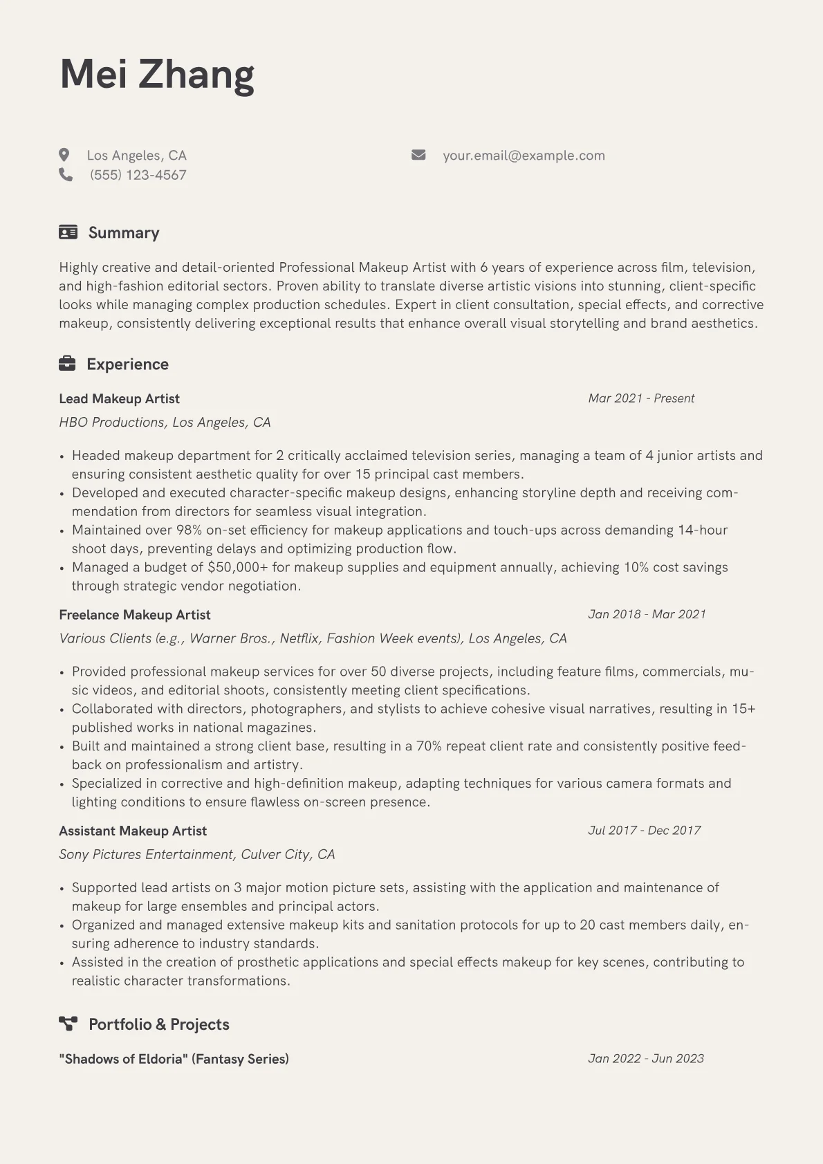 Professional Makeup Artist Resume Example CV template - Page 1