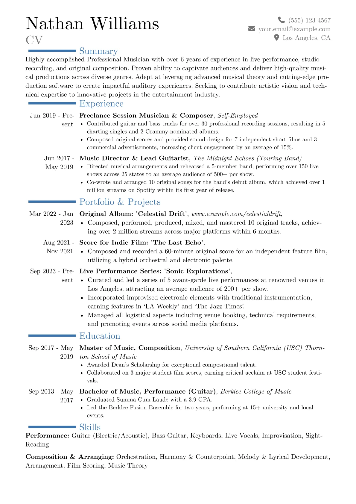 Professional Musician Resume Example CV template - Page 1