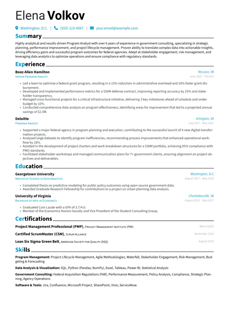Program Analyst Resume Example CV template preview