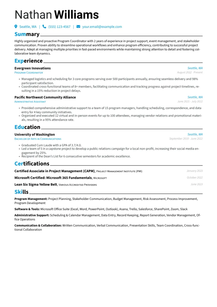 Program Coordinator Resume Example