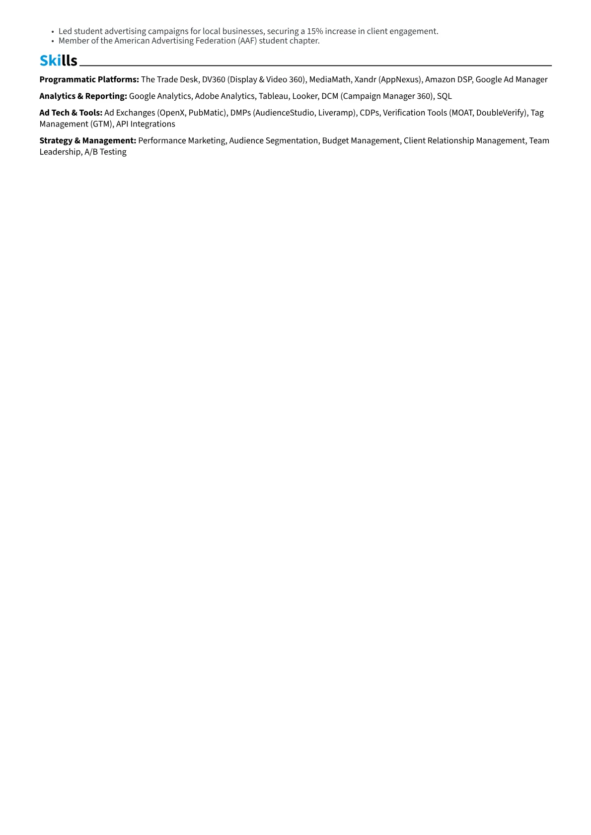 Programmatic Advertising Manager Resume Example CV template - Page 2