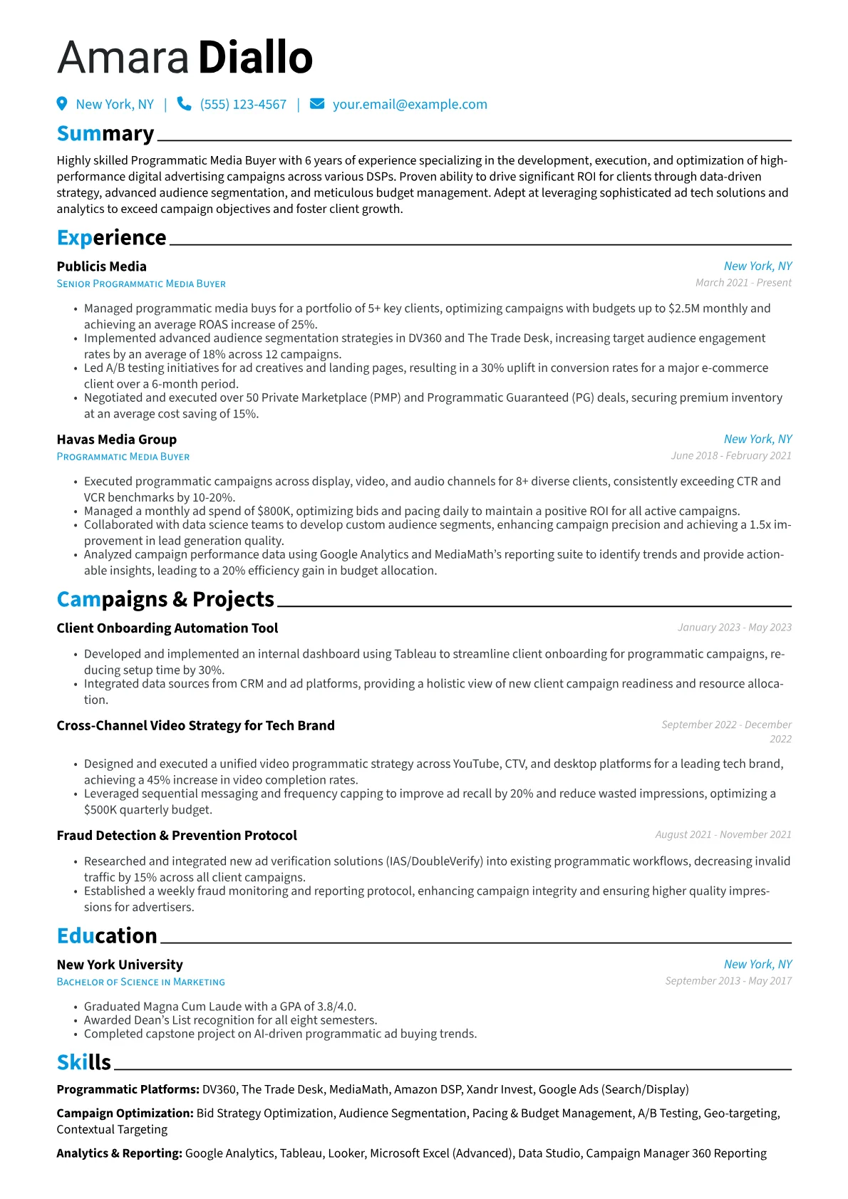 Programmatic Media Buyer Resume Example CV template - Page 1