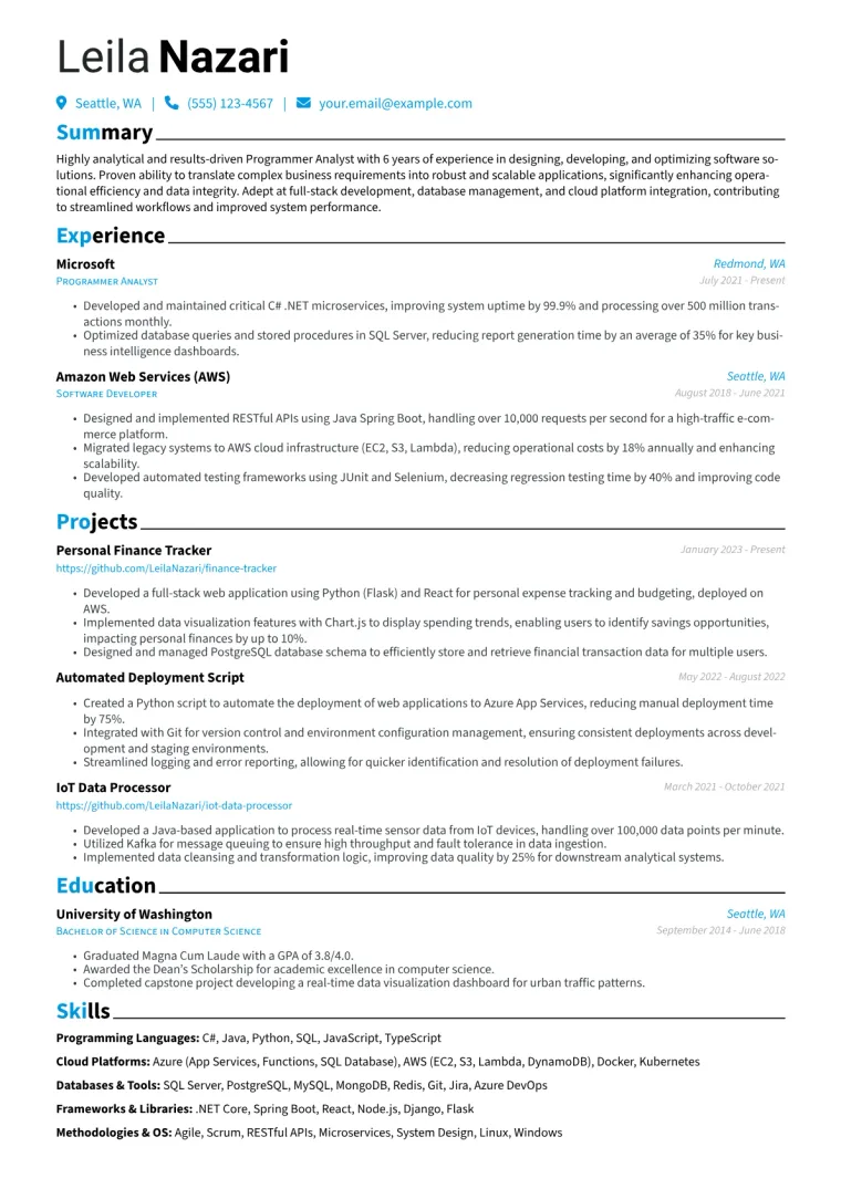 Programmer Analyst Resume Example CV template preview