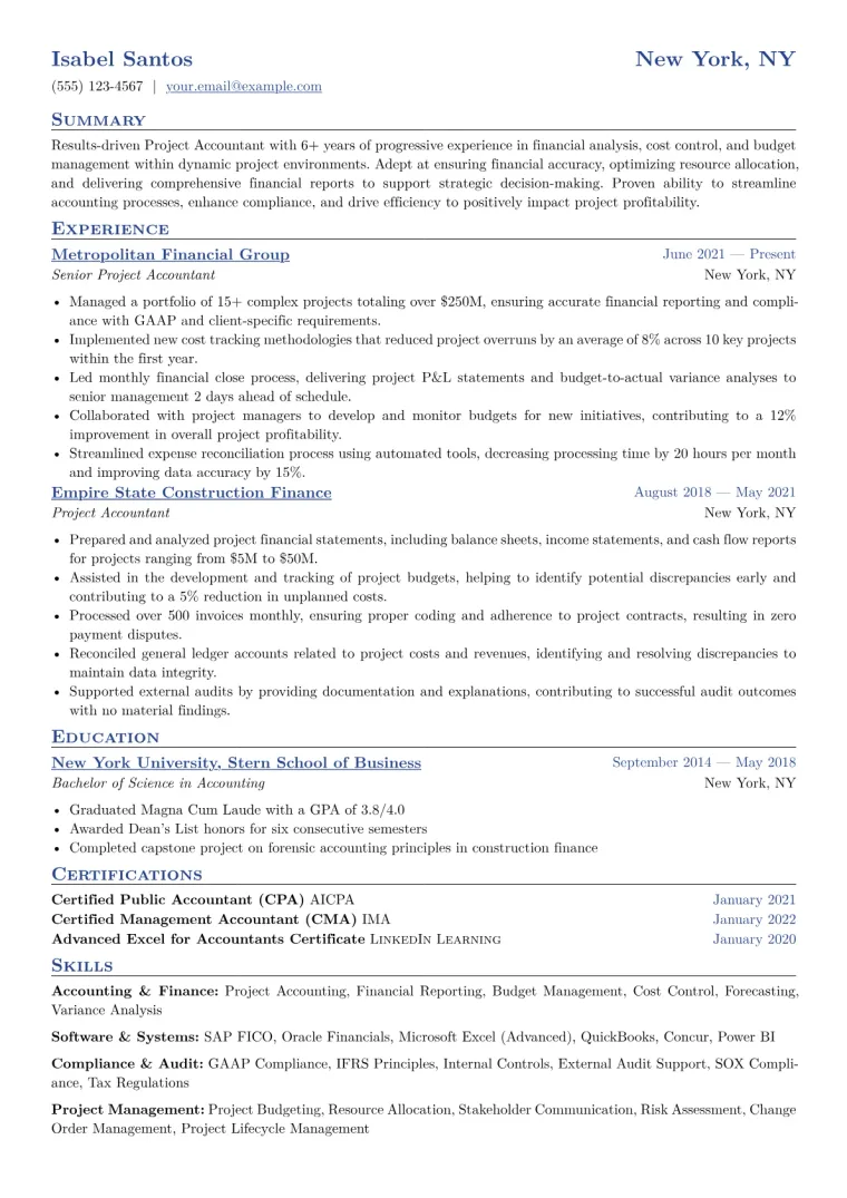 Project Accountant Resume Example CV template preview