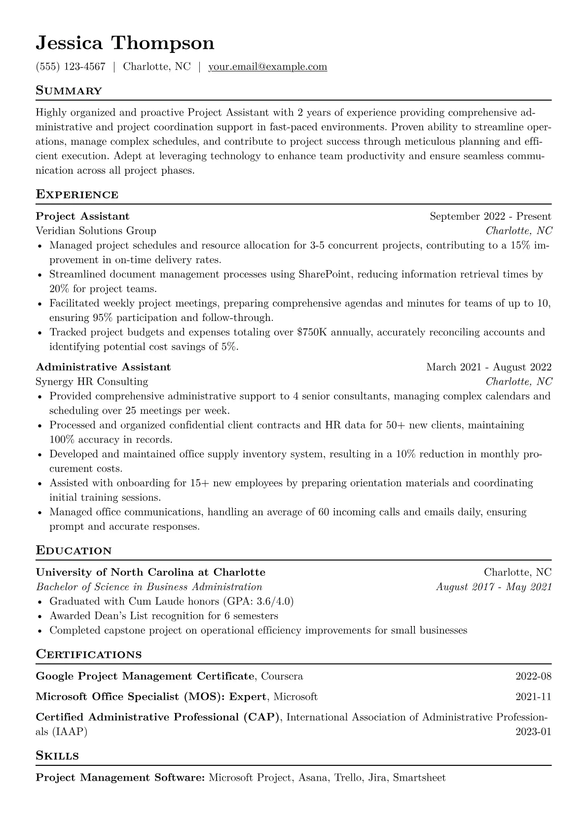 Project Assistant Resume Example CV template - Page 1