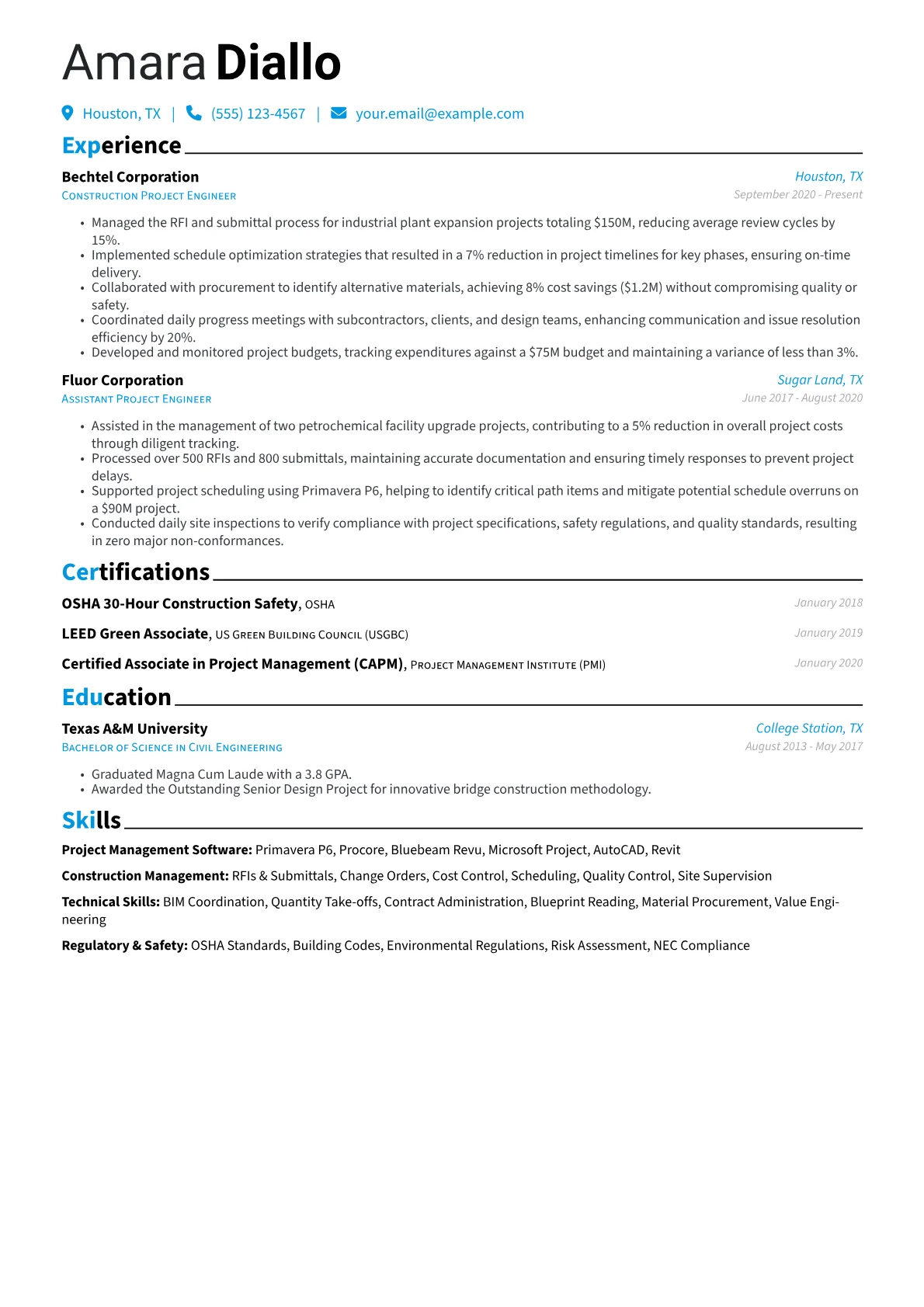 Construction Project Engineer Resume Example CV template - Page 1