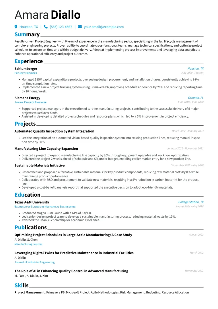 Project Engineer Resume Example CV template preview