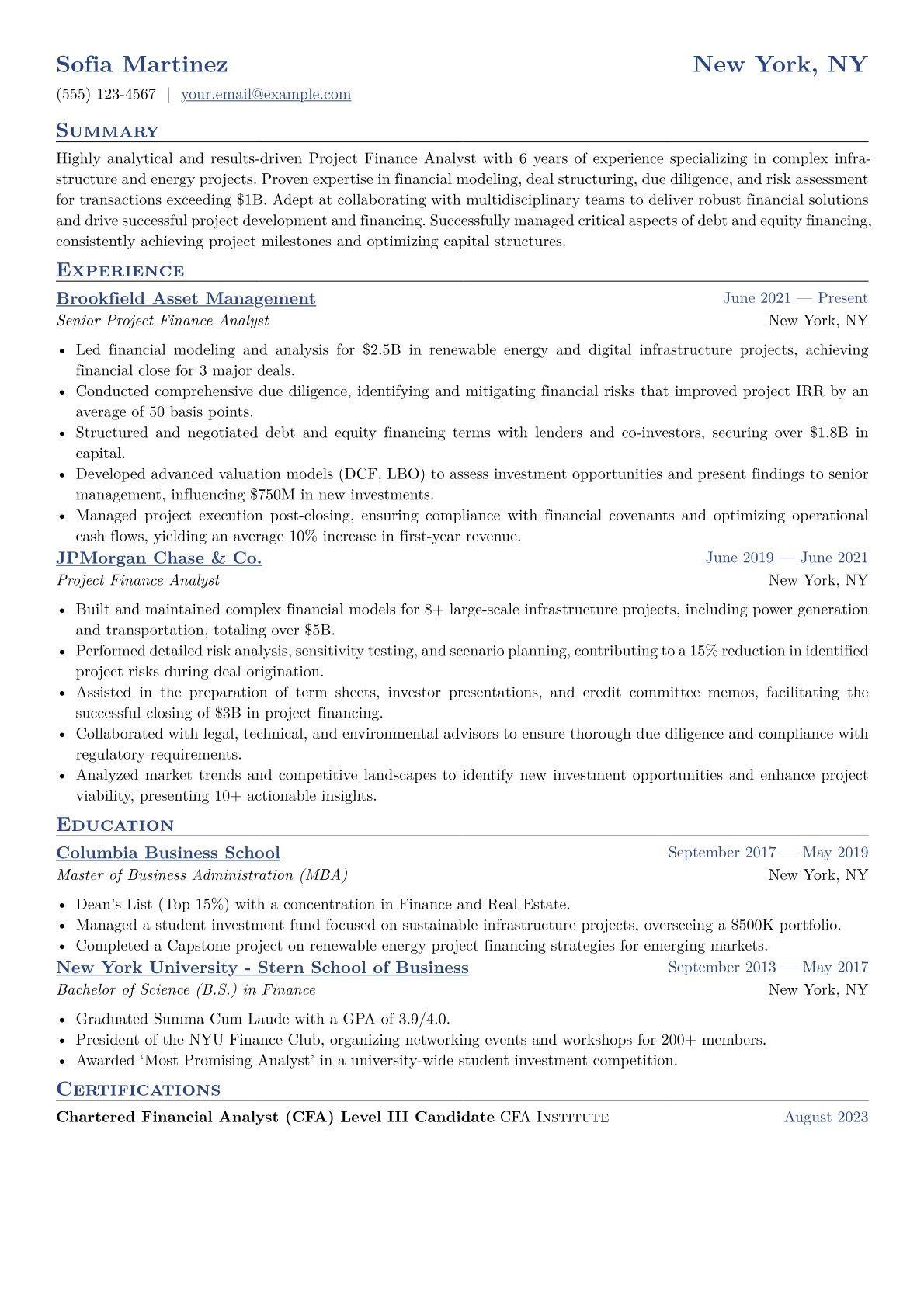 Project Finance Analyst Resume Example CV template - Page 1