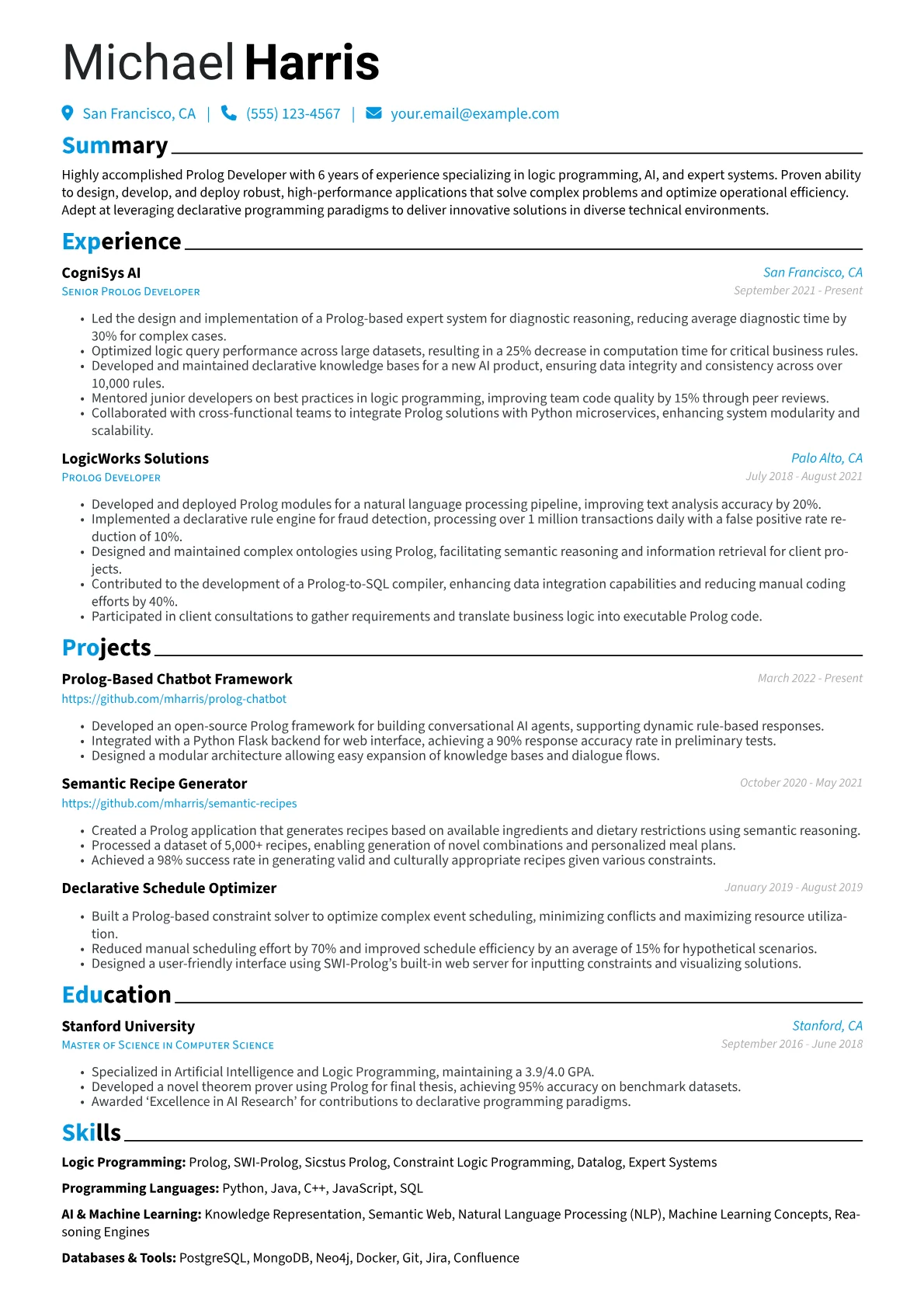 Prolog Developer Resume Example CV template - Page 1