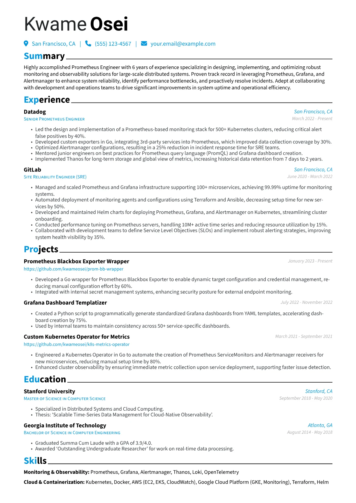 Prometheus Engineer Resume Example CV template - Page 1