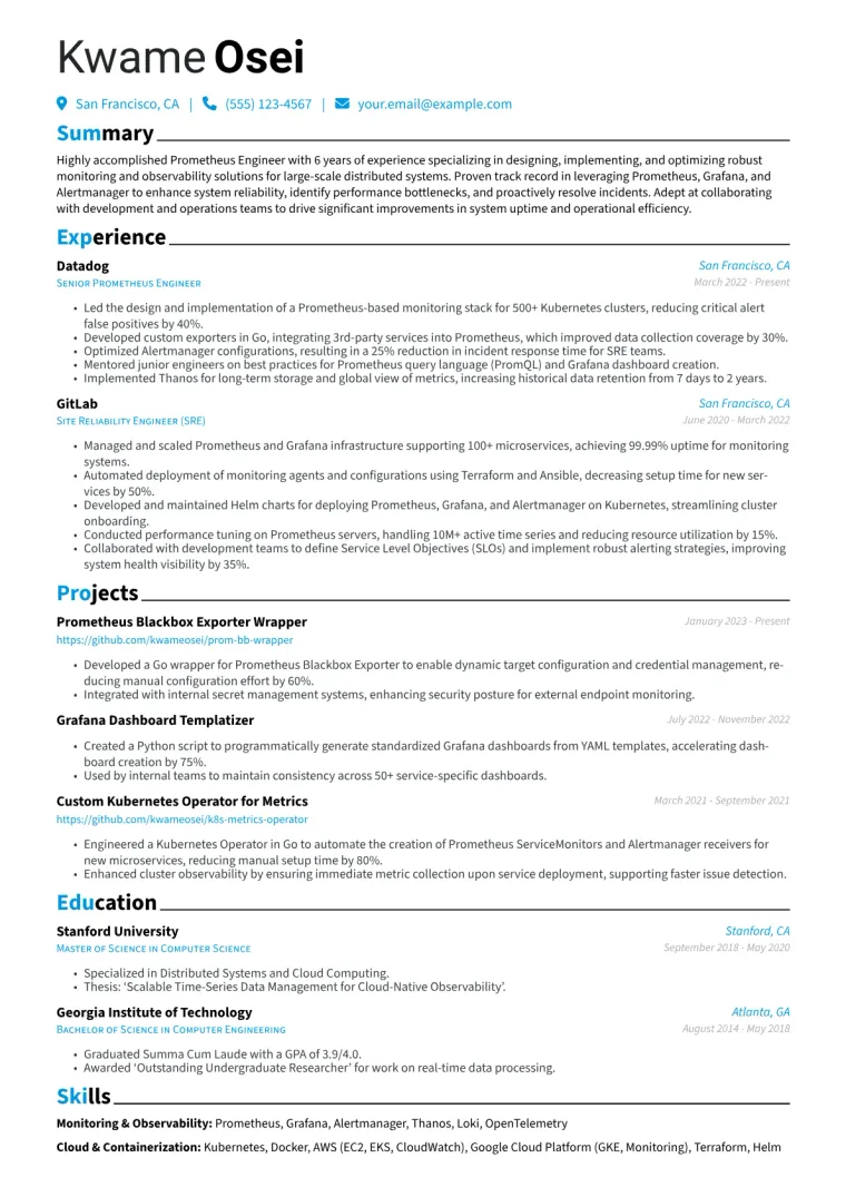 Prometheus Engineer Resume Example CV template preview