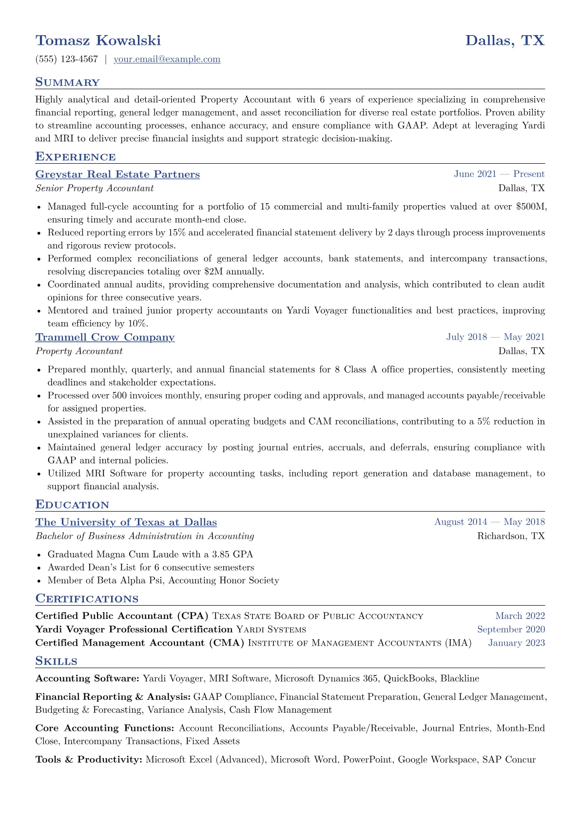 Property Accountant Resume Example CV template - Page 1