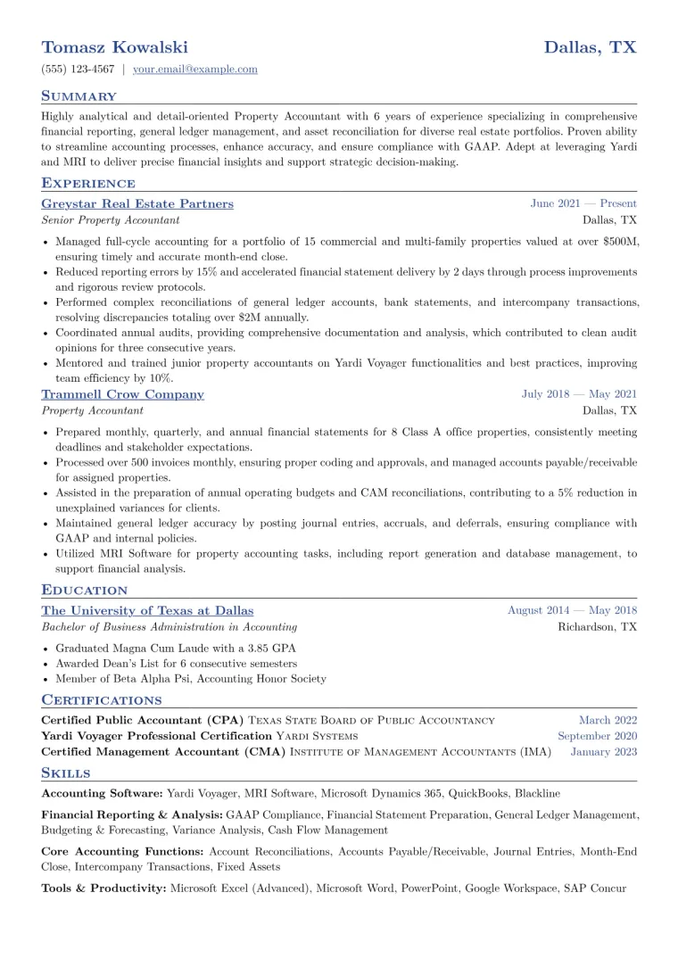 Property Accountant Resume Example CV template preview