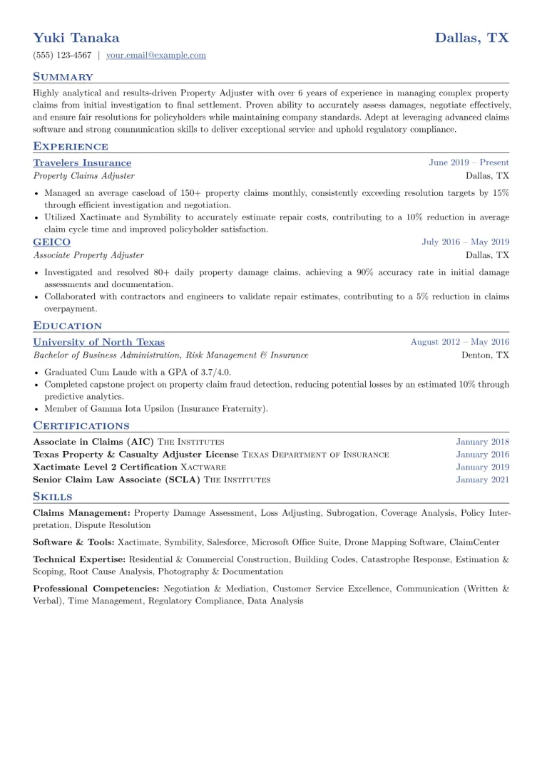 Property Adjuster Resume Example CV template preview