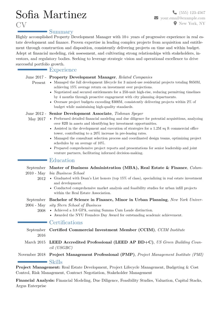 Property Development Manager Resume Example CV template preview