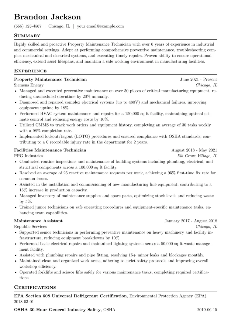 Property Maintenance Technician Resume Example CV template preview