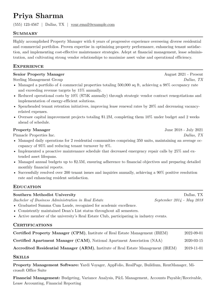 Property Manager Resume Example CV template preview