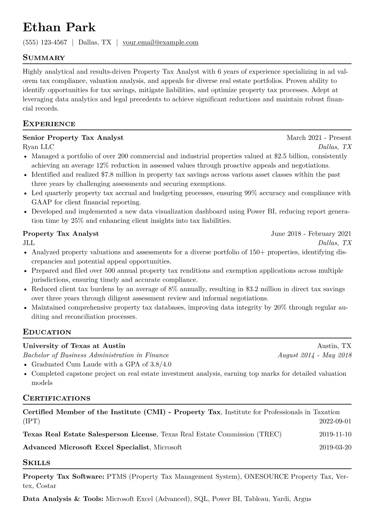 Property Tax Analyst Resume Example CV template - Page 1
