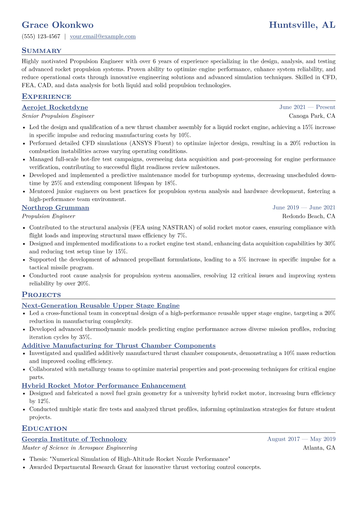 Propulsion Engineer Resume Example CV template - Page 1