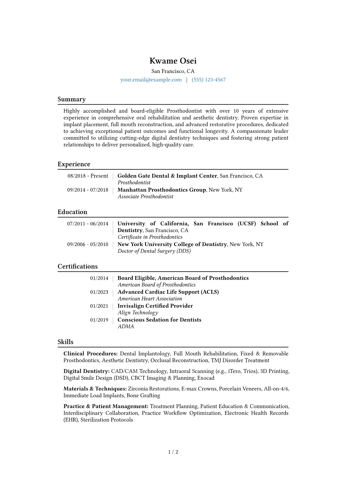 Prosthodontist Resume Example CV template - Page 1