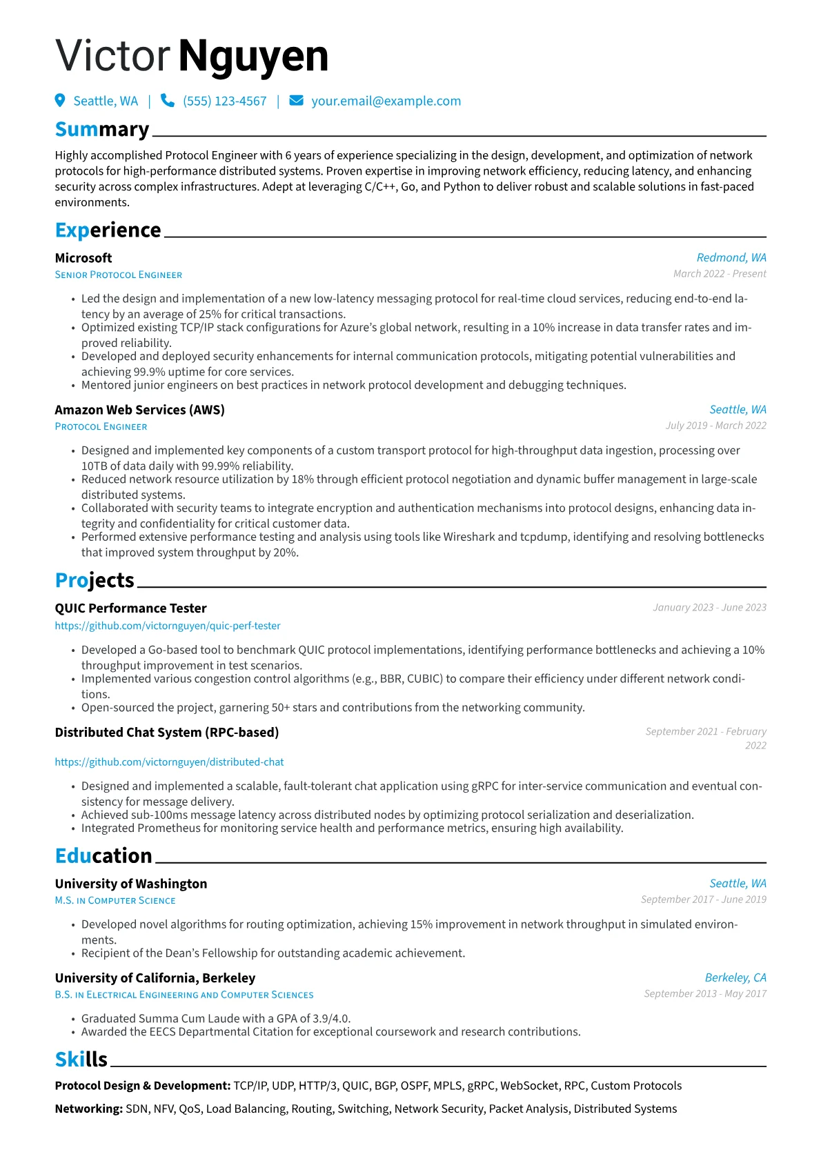 Protocol Engineer Resume Example CV template - Page 1