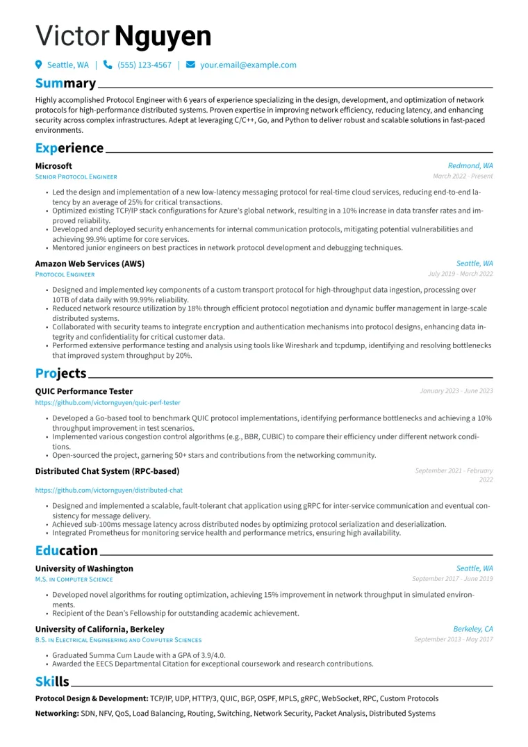 Protocol Engineer Resume Example CV template preview