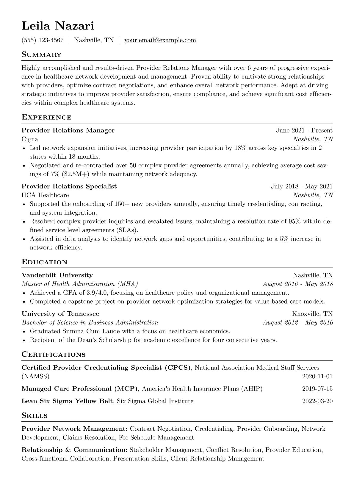 Provider Relations Manager Resume Example CV template - Page 1