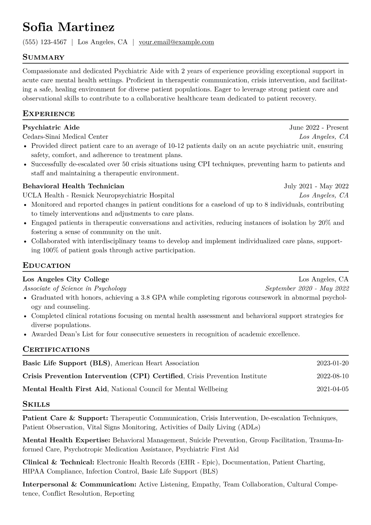Psychiatric Aide Resume Example CV template - Page 1