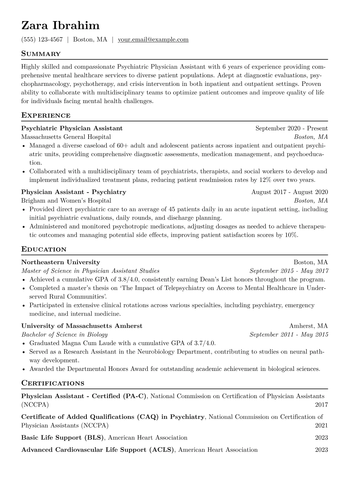 Psychiatric PA Resume Example CV template - Page 1