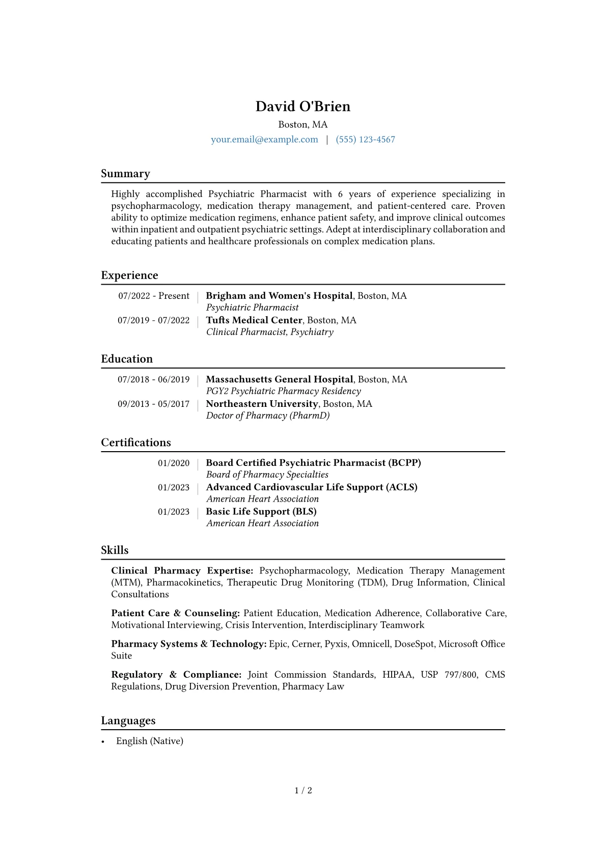 Psychiatric Pharmacist Resume Example CV template - Page 1