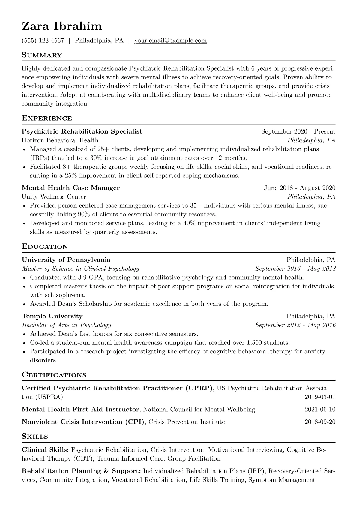 Psychiatric Rehabilitation Specialist Resume Example CV template - Page 1