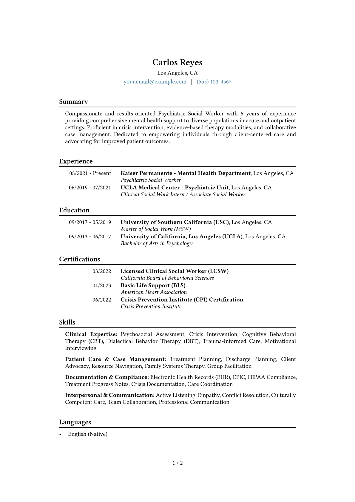 Psychiatric Social Worker Resume Example CV template - Page 1